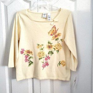 Emma James Lightweight Floral Yellow Sweater Top with Butterfly  NWT ~ Size L